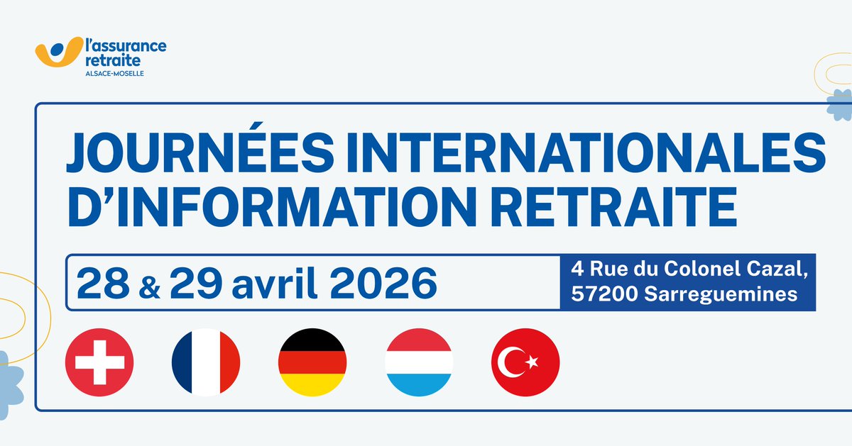 Vous avez travaillé en France, Allemagne, Suisse ou au Luxembourg ?
📅 Le 28 et 29 avril à Sarreguemines, c'est l'occasion d'une rencontre avec des conseillers de ces pays et de l'<a href="/AgircArrco/">Agirc-Arrco</a>, organisée par la <a href="/Carsat_AM/">Carsat Alsace-Moselle</a> !
✅ Inscription 👉 smartagenda.fr/pro/carsat-am/…