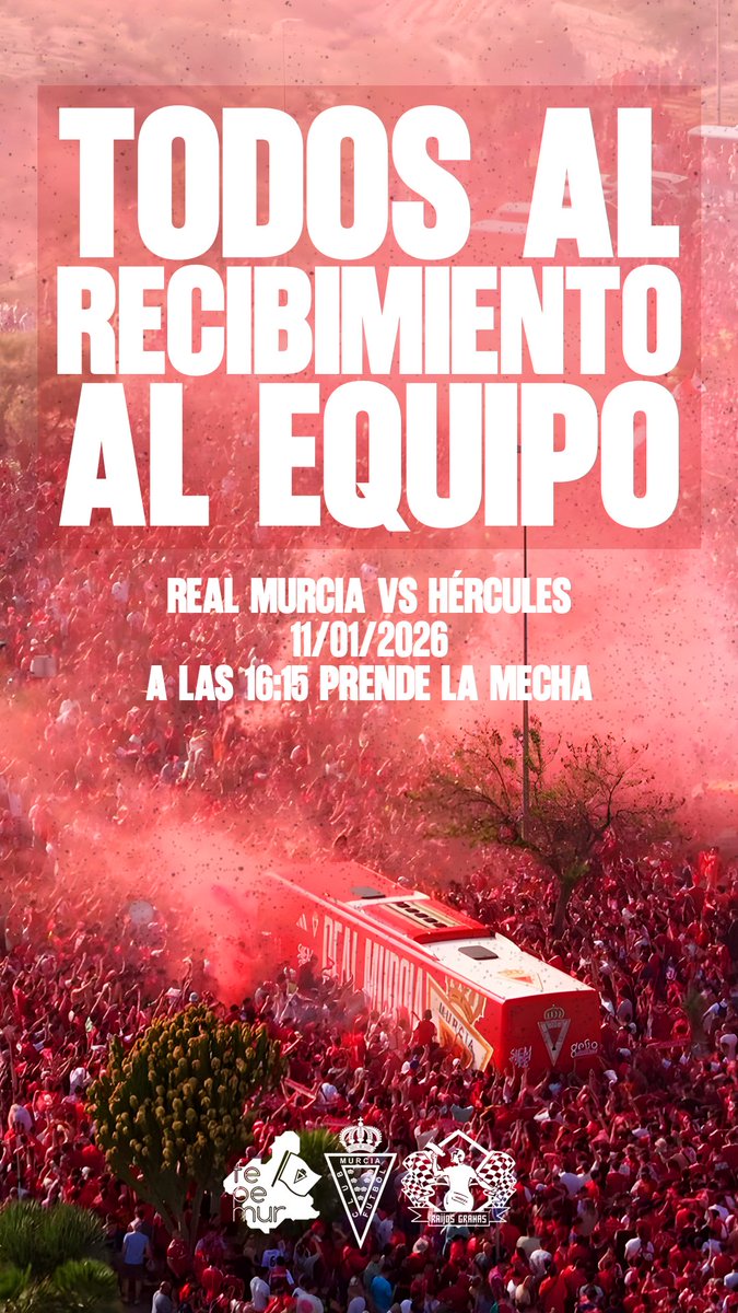 RaijosGranas's tweet photo. 📢 𝔻𝕆𝕄𝕀ℕ𝔾𝕆 𝔾ℝ𝔸ℕ𝔸 🔴⚪

15:30h ➡️ Previaza en la @feperealmurcia 🍻💪

16:15h ➡️ Recibimiento al bus del @realmurciacfsad 🧨🔥

18:00h ➡️ Apretando todos desde la grada 🙌🏼🥁

¡El sentimiento murcianista está más exaltado que nunca! 🔴🔴 https://t.co/tUFpFiyOYW