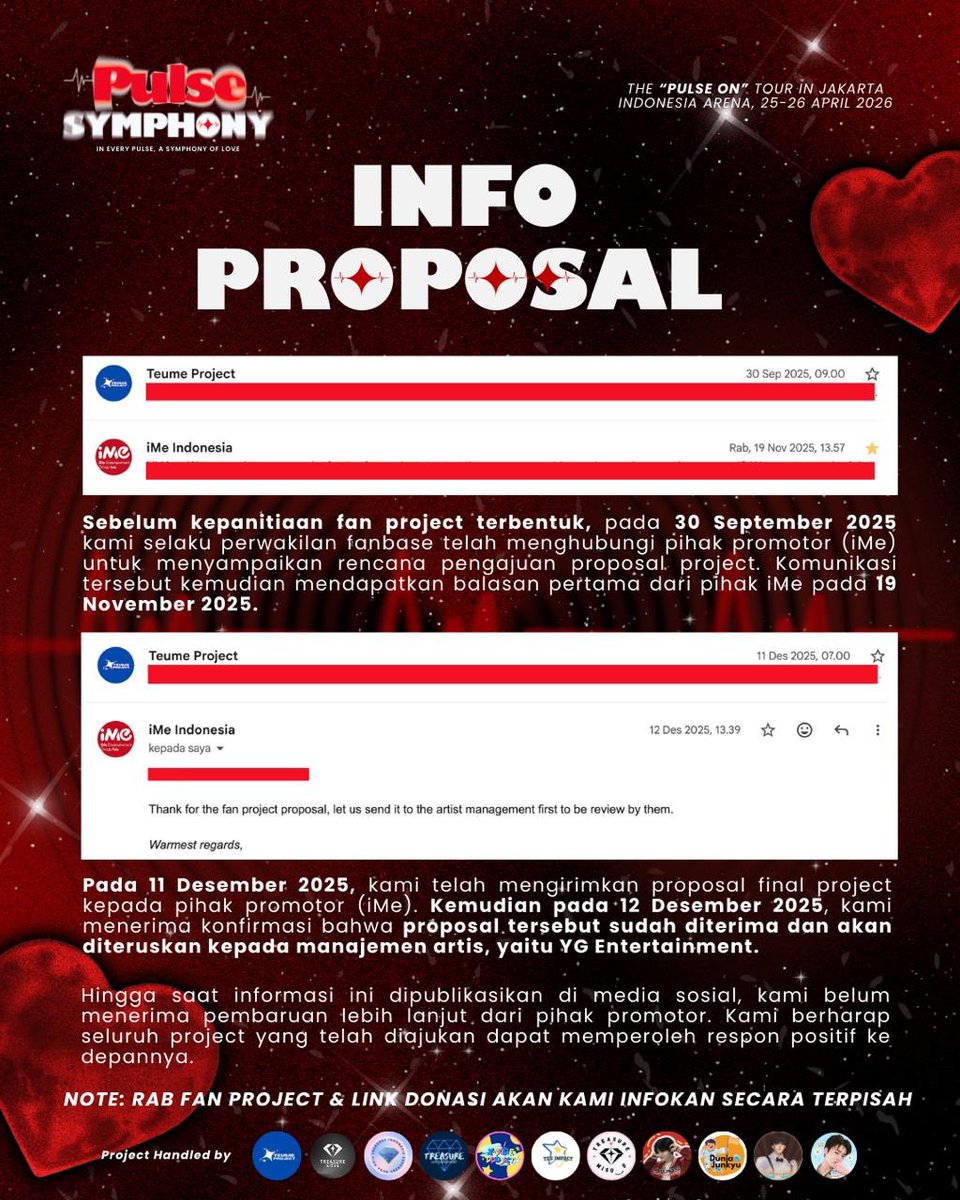 TEUMEPROJECT_'s tweet image. [PROPOSAL &amp;amp; PROMOTOR]

✨ PULSE SYMPHONY ✨  
Teuhi~, we would like to share a quick update 🤍  
Saat ini, proses komunikasi sedang berjalan.

Detail &amp;amp; info donasi will be updated soon.  Thank you for waiting &amp;amp; stay tuned!

#PULSEONinJAKARTA2026  
#FeelThePulseSymphony…