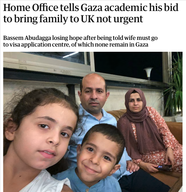 Jonathan_K_Cook's tweet image. Palestinian academic Bassem Abudagga, studying in York, has not seen his family in Gaza for three years.

Keir Starmer's Home Office has decided that there is "no urgency" to approving a visa for his wife and two young children, who are living in an emergency tent after Israel…