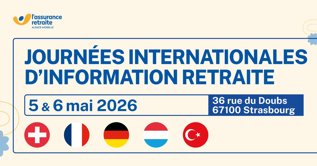 Vous avez travaillé en France, Allemagne, Suisse ou au Luxembourg ?
📅 Le 5 et 6 mai à Strasbourg, c'est l'occasion d'une rencontre avec des conseillers de ces pays et de l'<a href="/AgircArrco/">Agirc-Arrco</a>, organisée par la <a href="/Carsat_AM/">Carsat Alsace-Moselle</a> !
✅ Inscription 👉 smartagenda.fr/pro/carsat-am/…
