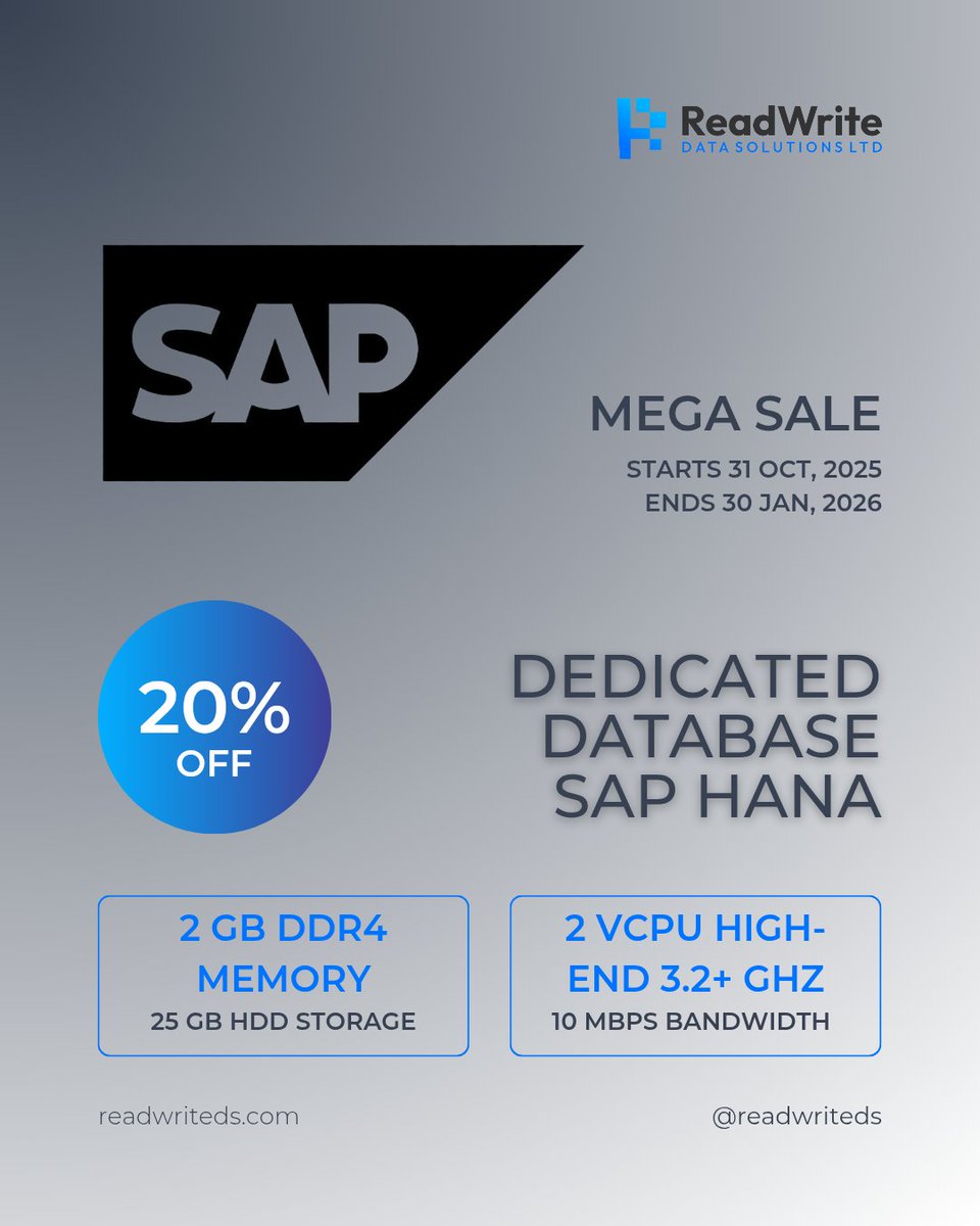 ReadWriteDS's tweet photo. Power your enterprise with SAPHANA Dedicated Database
Enjoy 20% OFF during our Mega Sale and get high performance, speed, and reliability tailored for your business needs.
Scale smarter. Perform faster.
#SAP #EnterpriseSolutions #DataSolutions #ReadWriteData #BusinessGrowth https://t.co/7rSw49lFcN