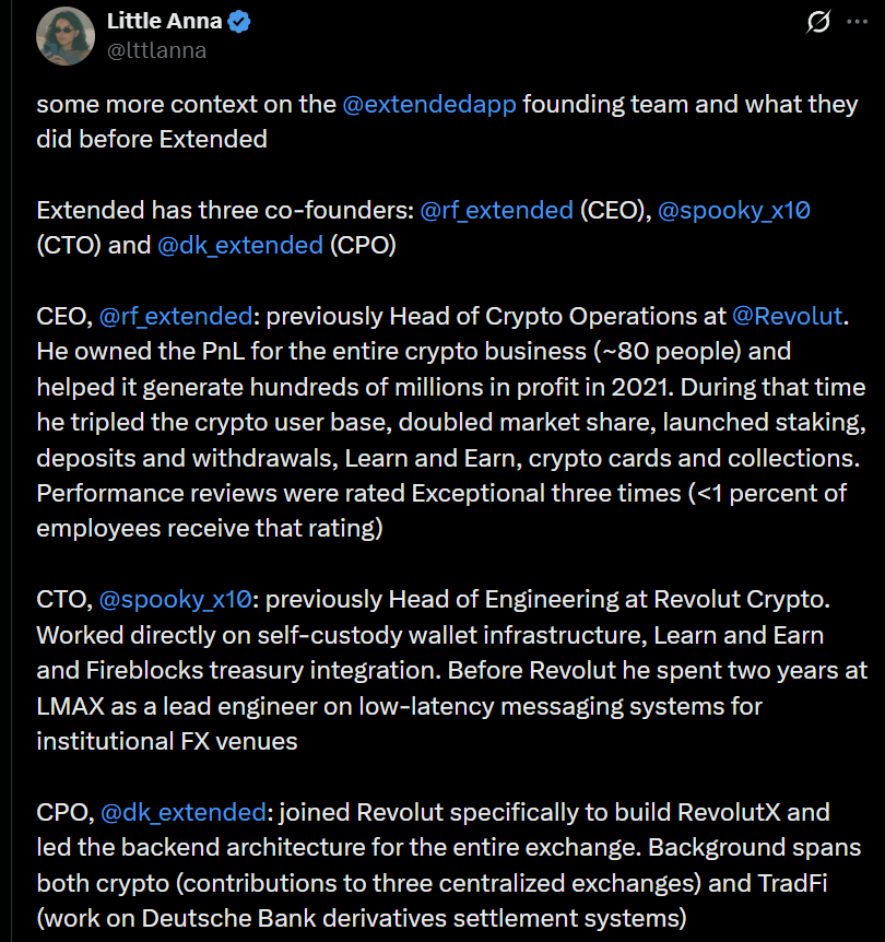 TheDeFinvestor's tweet photo. If I had to choose only one perps airdrop to farm right now, it would be Extended

• 30% of its token supply is confirmed to be airdropped at TGE
• It is built by an ex-Revolut team
• offers deep liquidity for most assets
• Active traders earn 25-50% APR on their trading collateral
• its TGE will happen in Q2
• has a strong community, similar to Lighter and Hyperliquid in the early days
• It's one of the fastest-growing perps DEXs by trading volume and TVL

The most interesting thing, in my opinion, about Extended is its market-making vault design.

When you deposit USDC into the Extended vault, you get vault shares (XVS tokens). XVS can then be used as collateral for trading and has a 5-15% base APR.

But on top of this, XVS holders earn an extra yield (up to 50% APR) based on their weekly trading activity.

This yield comes from Extended trading fees.

So you're actually getting a high double-digit yield on the funds you use for trading, while also earning points at the same time.

This seems like a great yield opportunity for stables, especially in the current market conditions.

If you wish to farm Extended, you can use my link for a 10% points boost + lower fees:
https://t.co/TCKgnspZBW

Both Hyperliquid and Lighter have done massive airdrops. I think there's a high chance that we'll continue to see big airdrops from perps DEXs.

Note: I wasn't compensated by the Extended team to write this post. I am covering it only because I believe its airdrop is worth farming.
