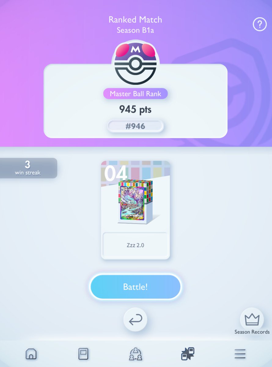 Primer día de Ranked y llegamos a Master Ball 🟣 en tiempo récord OMGGG ✨

Top #1,000 del mundo solo usando Suicune/Greninja, está rotísimo ;;  

¿Debería subir las últimas partidas que me hice?
  
#PokemonTCGPocket