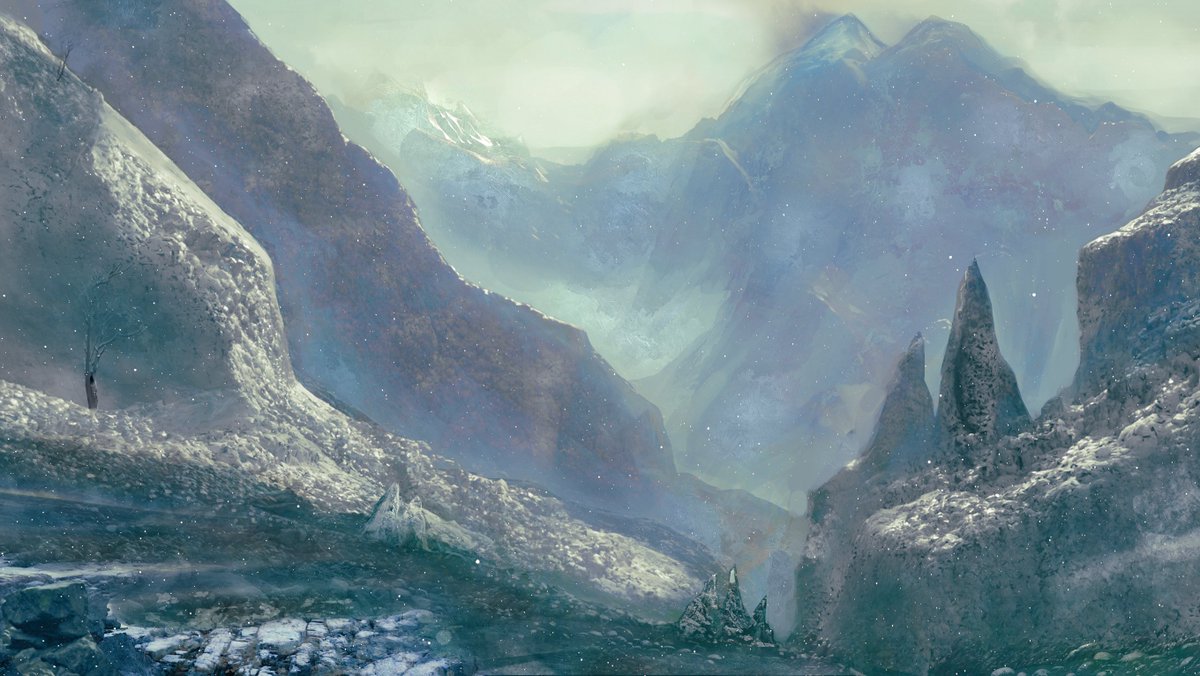 elk_animation's tweet photo. Reboot of this mountains layout. Monochromatic mood, lonely mountains and rocks, and cold weather #krita #blender #environment #digitalpainting #conceptart https://t.co/Ar8Pvuwzpx