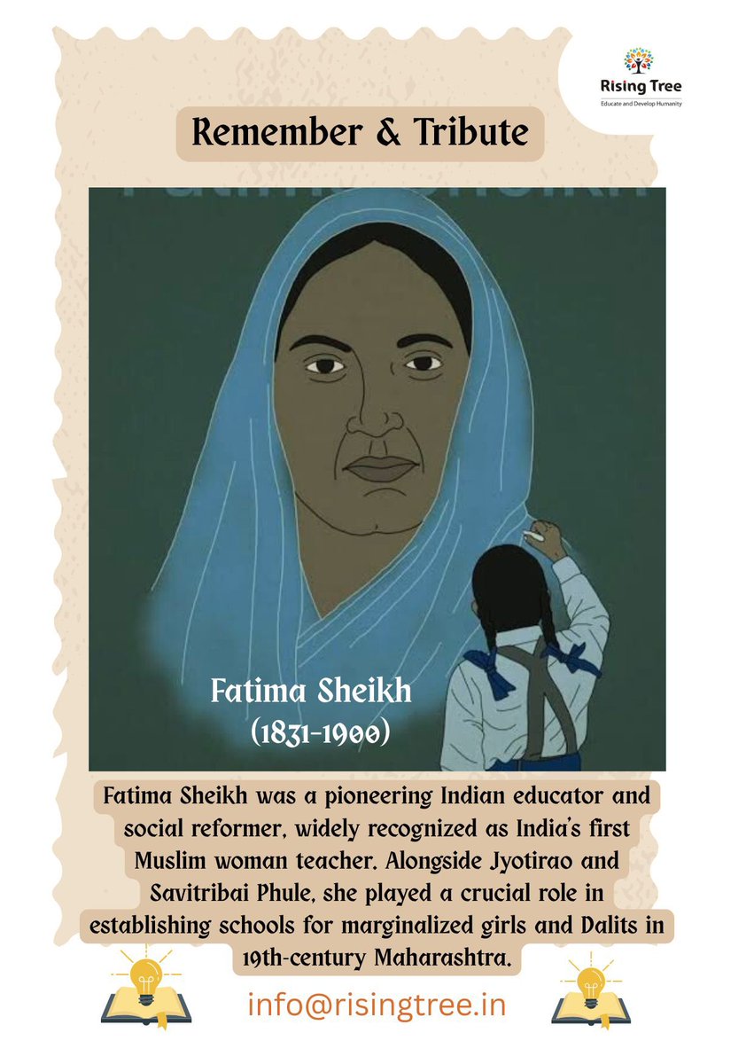 RisingTreeF's tweet photo. Honouring Fatima Sheikh (1831–1900), India’s first Muslim woman educator and a pioneer of inclusive education.Her courage and commitment to educating marginalized girls and Dalits continue to inspire our work toward equality and social justice
 #RememberAndTribute #FatimaSheikh https://t.co/dOe53PB6E7