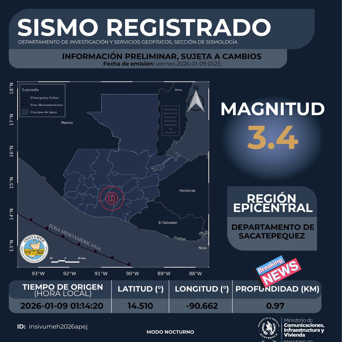 Se reporta sismo de 3.4 a la 01:14:20 hrs.