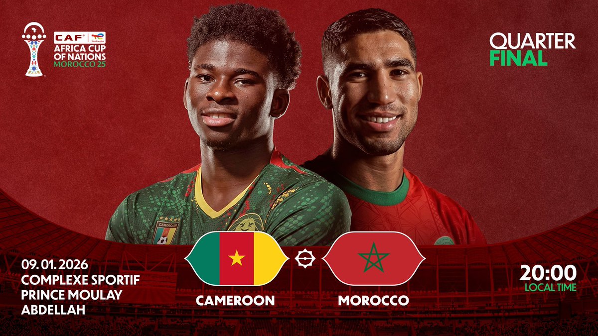 📣 AFCON 2025 – Quarter-final
⚽ Cameroon 🆚 Morocco
🏟 Prince Moulay Abdellah Stadium, Rabat
🗓 9 January 2026
⏰ 20:00 Local | 19:00 GMT
#AFCON2025
#CAMMAR 🇨🇲🇲🇦
🔥 HOSTS UNDER PRESSURE, PEDIGREE ON TRIAL
Tournament hosts and pre-competition favorites Morocco face a daunting