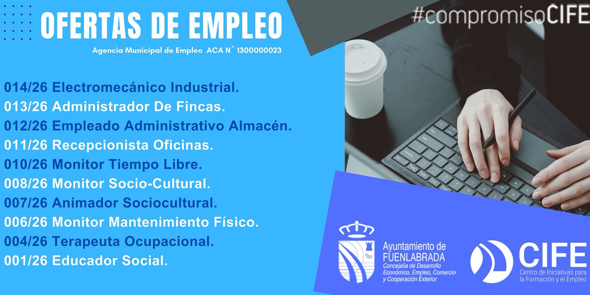 📢 Si estás buscando empleo o conoces a alguien que lo esté, aquí te compartimos las nuevas #OfertasEmpleo que tenemos en estos momentos en la Agencia del #CIFE #AyuntamientoFuenlabrada 📷 Puedes acceder a la información de cada puesto en nuestra web: 
cife.ayto-fuenlabrada.es/OfertasListado/
