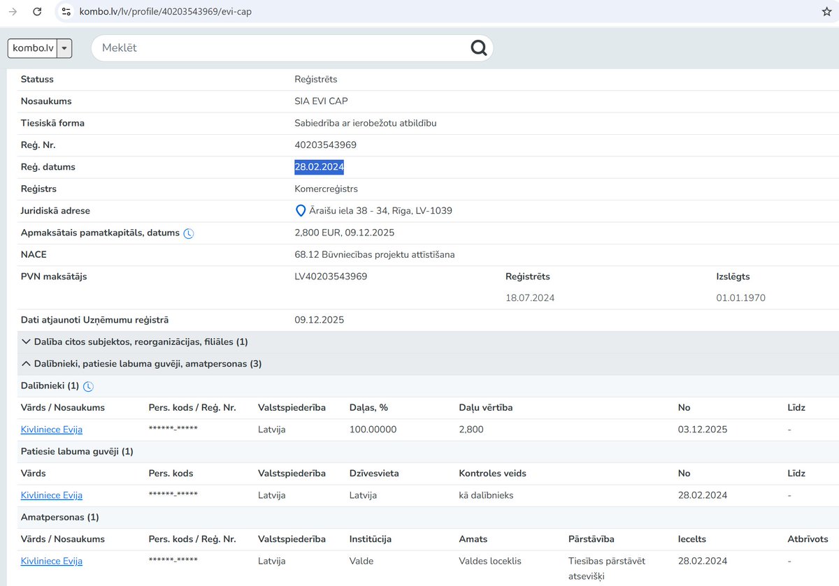 nezobis's tweet image. 28.02.2024 - reģistrē SIA "EVI CAP", PLG - Evija Kivliniece, kurai iepriekš nekad neviens uzņēmums nav piederējis.
27.03.2024 - SIA "EVI CAP" jau ir 1 no uzvarētājiem četros Latvijas valsts mežu iepirkumos.
10.05.2024. šis SIA uzvar arī Zemkopības ministrijas iepirkumā.
Tālāk…