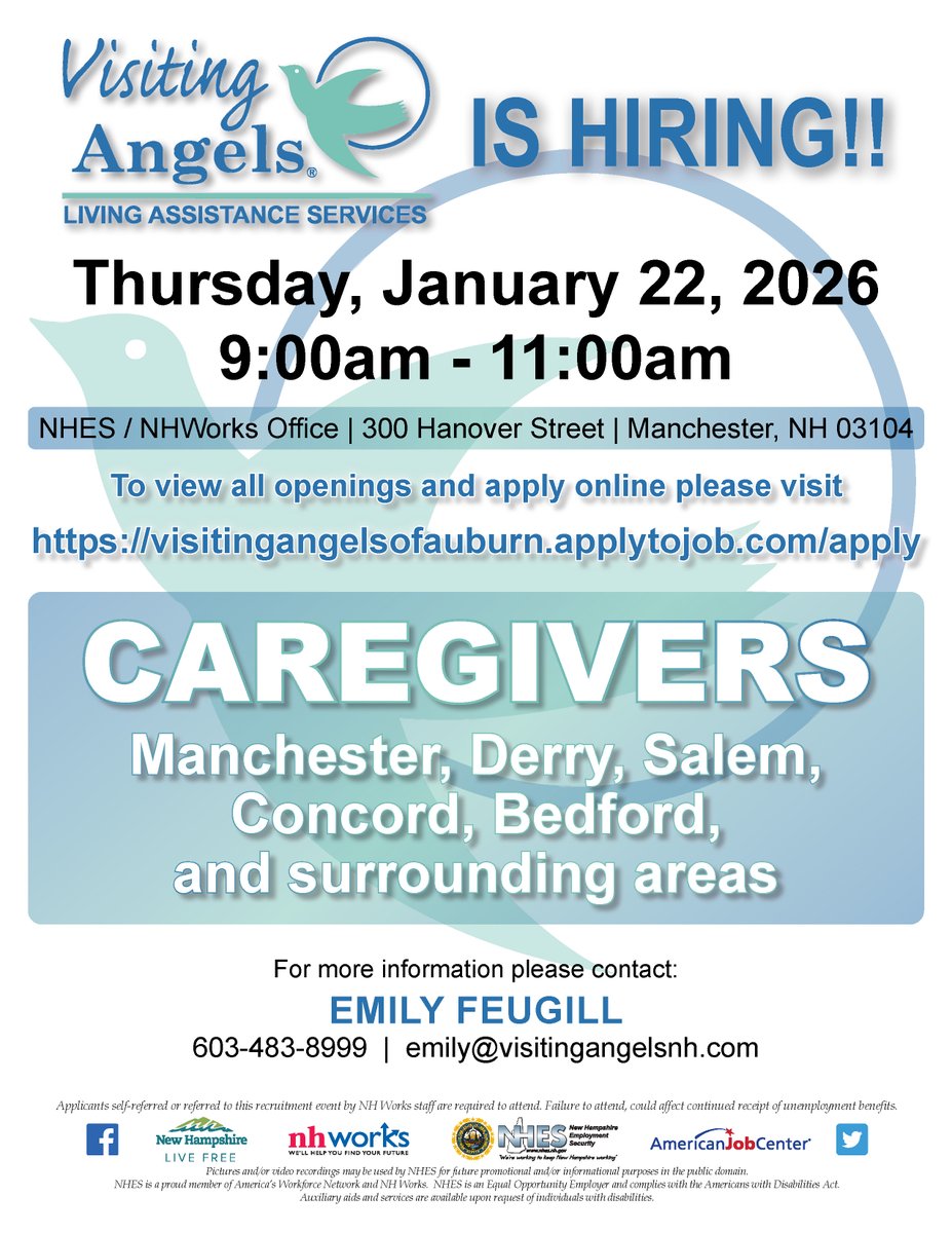 NHESWorking's tweet image. Visiting Angels is Hiring!
Thursday, January 22, 2026
9:00am - 11:00am

NHES / NHWorks
300 Hanover Street
Manchester, NH 03104

#NHWorks #NHES #JobsInNH #NHJobs