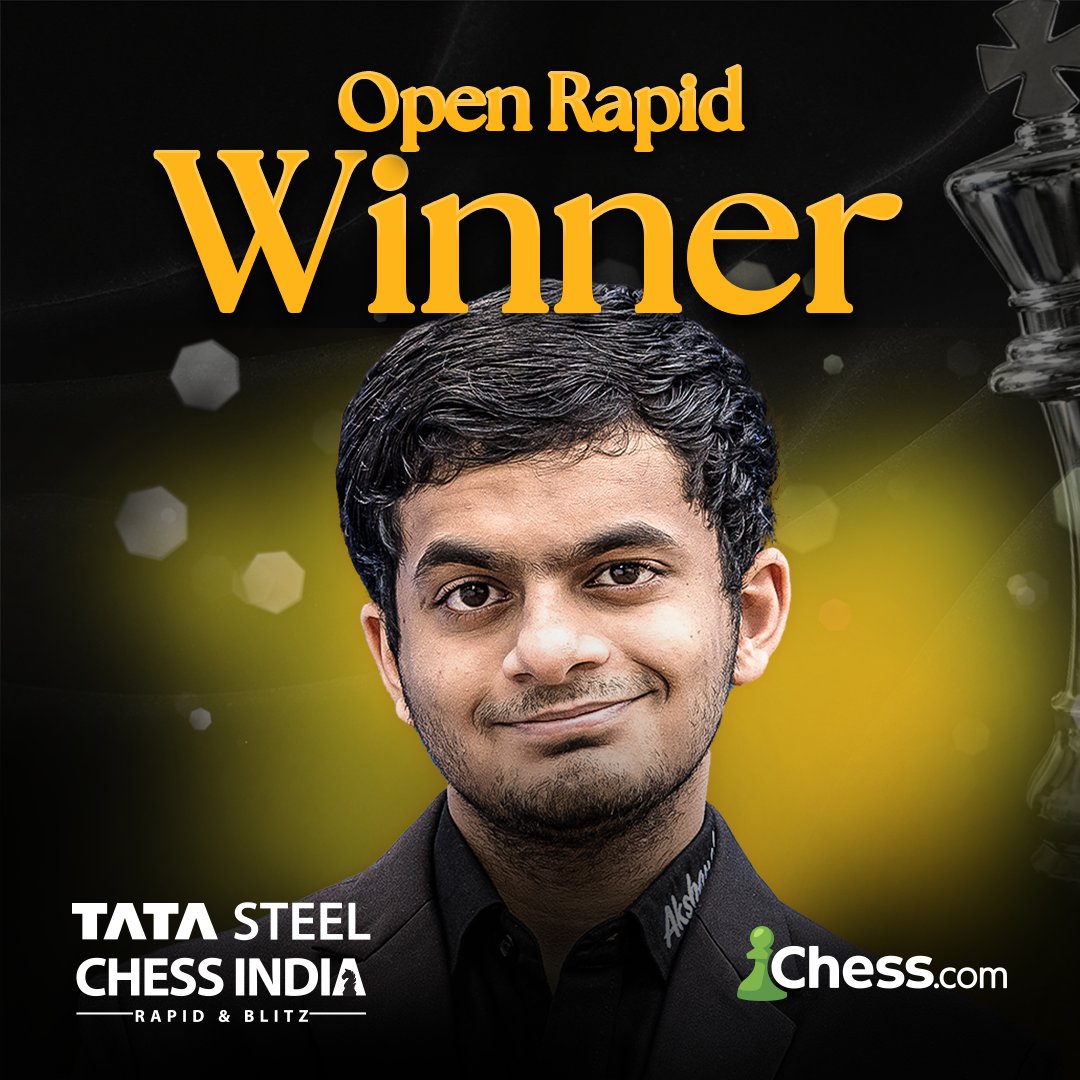 chess24com's tweet image. Congratulations to 🇮🇳@NihalSarin on winning the Rapid title of Tata Steel Chess India, a tournament he's only playing as a late replacement for Gukesh! 🏆🎉