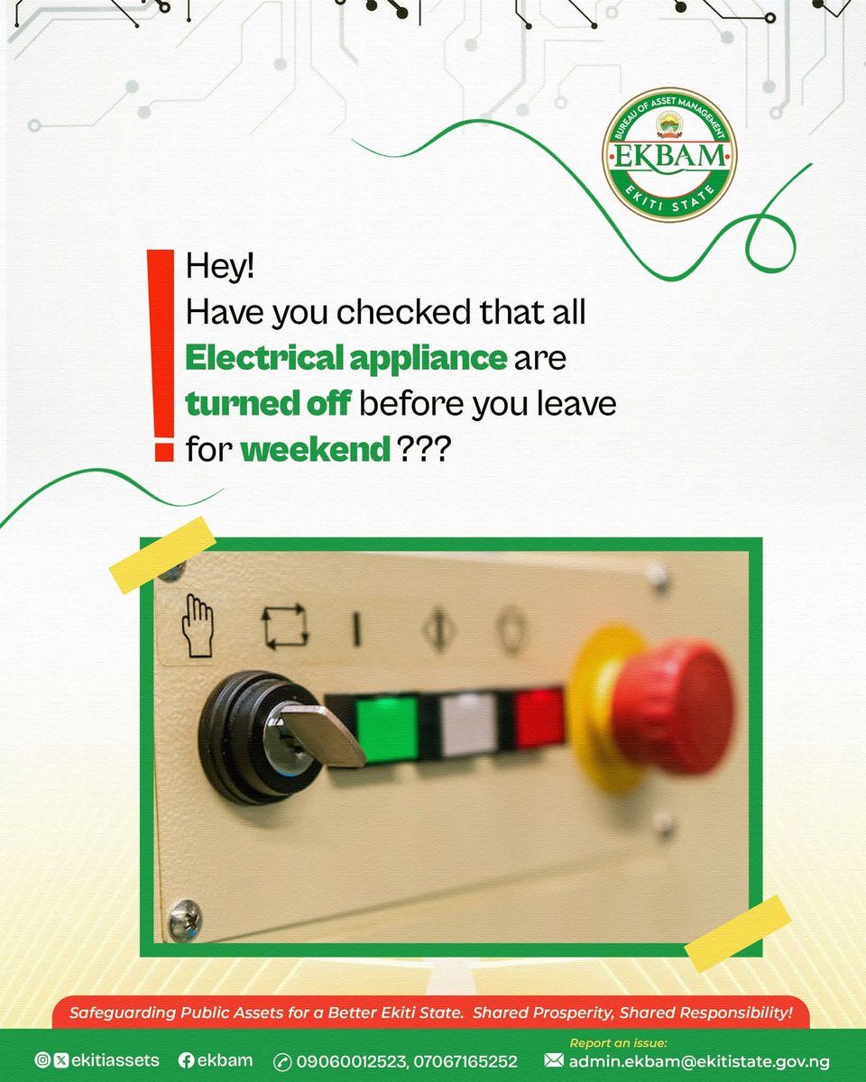 EkitiArshavin's tweet photo. Turning off electrical appliances before leaving for weekend goes a long way in safe guarding public Assets.

#EKBAM
#ShutDownAllAppliances
#AssetsMaintenance
#SharedResponsibility
#LetsKeepEkitiWorking https://t.co/znoJ4HQmal