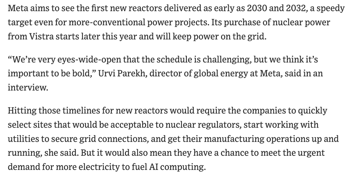 aniruddh_mohan's tweet image. HUGE set of deals announced this morning by Meta for purchasing nuclear power.

- 2.6 GW from Vistra including 2.1 GW of existing capacity from 2 plants in Ohio by end 2026. 
- +433 MW of uprates across the two Ohio plants + PA plant by 2034
⁃ 1.2 GW from Oklo by 2034 with first…