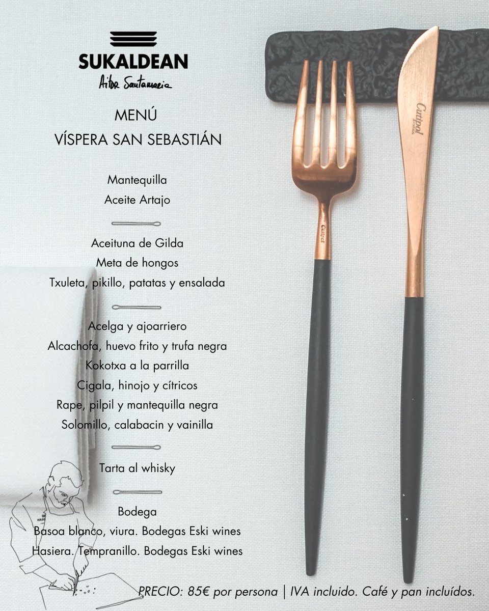 En Sukaldean, la víspera de San Sebastián se cocina despacio y se disfruta largo.

Un menú pensado para honrar el producto, el recetario vasco y la noche más nuestra.
Antes de que suenen los tambores, que suene la cocina. 🥁🔥

Reserva tu mesa y vive la Tamborrada.

#Sukaldean
