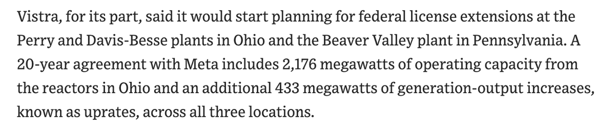 aniruddh_mohan's tweet image. HUGE set of deals announced this morning by Meta for purchasing nuclear power.

- 2.6 GW from Vistra including 2.1 GW of existing capacity from 2 plants in Ohio by end 2026. 
- +433 MW of uprates across the two Ohio plants + PA plant by 2034
⁃ 1.2 GW from Oklo by 2034 with first…