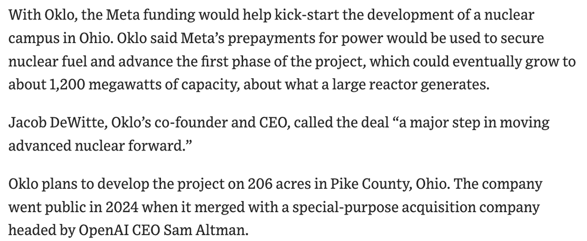 aniruddh_mohan's tweet image. HUGE set of deals announced this morning by Meta for purchasing nuclear power.

- 2.6 GW from Vistra including 2.1 GW of existing capacity from 2 plants in Ohio by end 2026. 
- +433 MW of uprates across the two Ohio plants + PA plant by 2034
⁃ 1.2 GW from Oklo by 2034 with first…