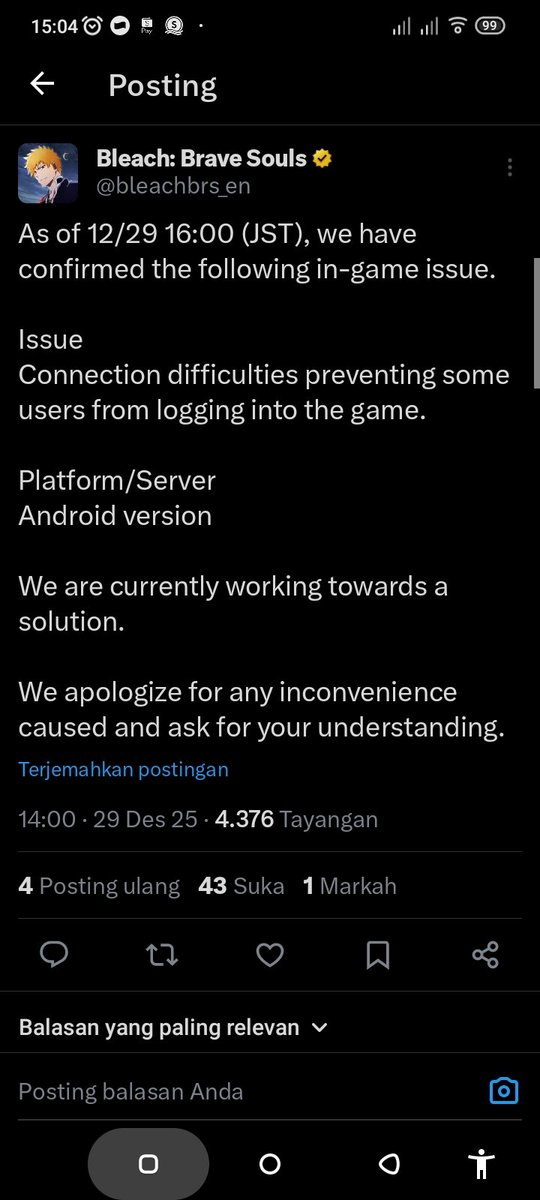 Ramon_123silva's tweet photo. @bleachbrs_en For God's sake, Kalab, fix this black screen bug already! It's been two weeks and you haven't given your players any explanation. https://t.co/1LuvybQlLc