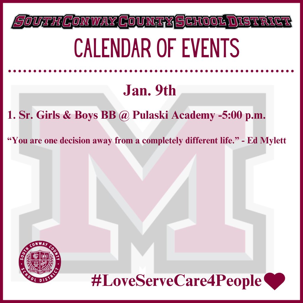 mhsdevildogs's tweet image. Jan. 9th  Event Calendar: 

 1. Sr. Girls &amp;amp; Boys BB vs. Pulaski Academy @ Home -5:00 p.m.

“You are one decision away from a completely different life.” -  Ed Mylett