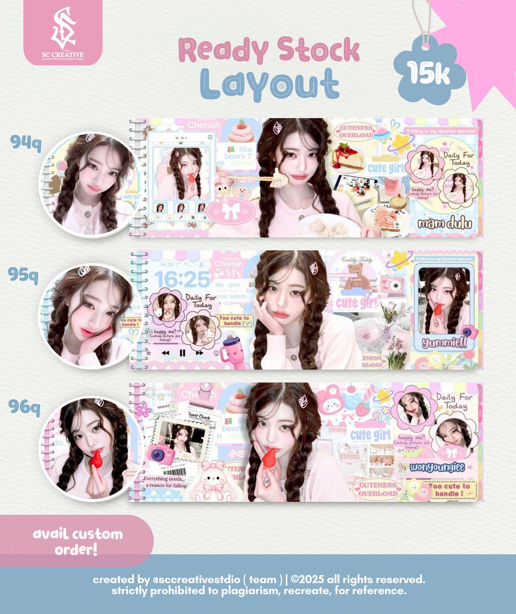 SCCREATIVEarts's tweet image. Help retweet? thank you 🌷
Hai, aku punya layout ready stock pinky pinky dari Yujin, Liz dan Wonyoung ✨

Yok segera jemput layoutnya sebelum kehabisan di @sccreativestdio 🛍️⭐

#zonauang #zonaba