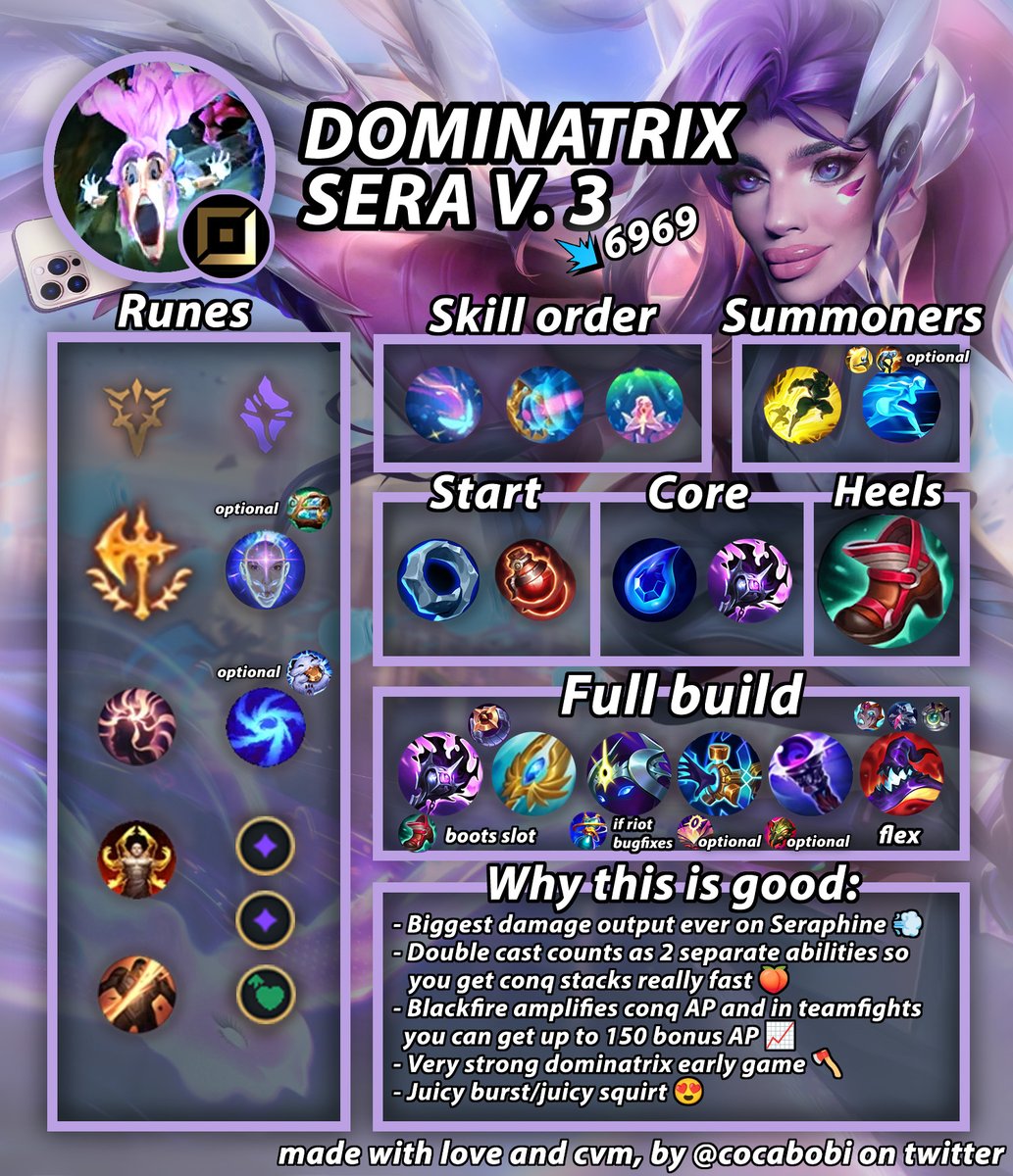 📢UPDATED BUILDS FOR SERAPHINE IN SEASON 26
With new item changes sera is a strong enchanter in both roles. Mage is also viable if you like it although not as strong
Helia-diadem is a strong spike which converts ur dmg into heal
Apc doesn't need tp now
Build breakdown in thread👇