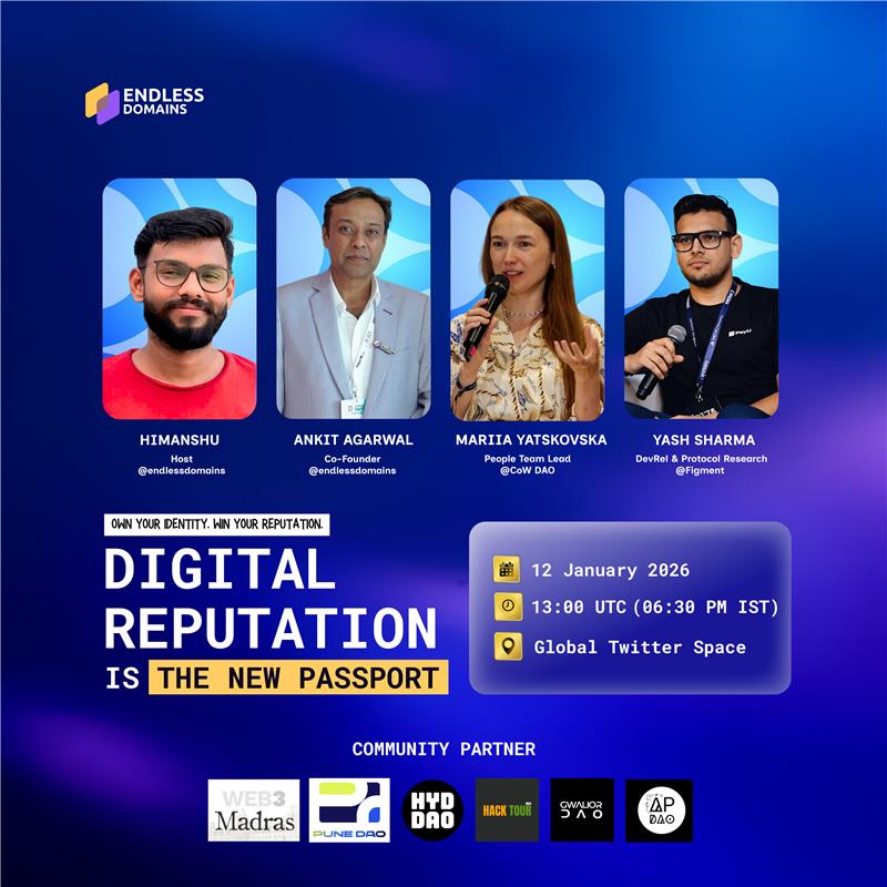 Digital reputation is becoming more powerful than resumes, usernames, or followers. It’s becoming your passport to the global internet 🌍 

Join our global Twitter Space "Digital Reputation as the New Passport for the Global Internet"

Speakers:  

<a href="/domainartists/">Domainartist.og</a>—
