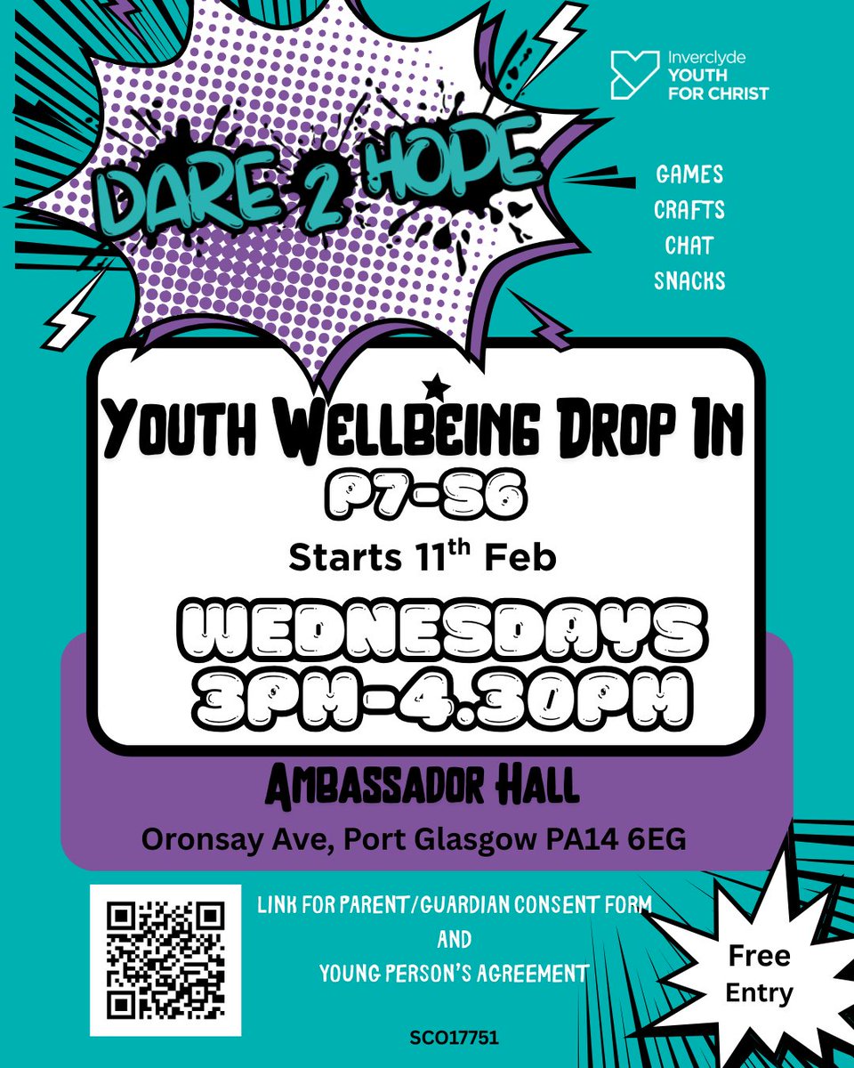 Dare 2 Hope starts back on Wed 11th Feb at our new venue Ambassador Church Hall. We hope to see you there. Spread the word to the young people you know. #YoungPeople#Inverclyde#PortGlasgow