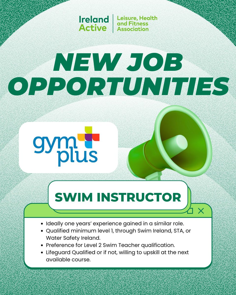 irelandactive's tweet photo. Gym Plus is currently recruiting a Swim Instructor to join their team.

Ideal for qualified swim teachers with experience (or those looking to upskill) in a supportive, professional environment.

Apply Here: https://t.co/ctVeyKPMRx

#SwimInstructor #LeisureJobs #NowHiring https://t.co/ByjvxYKmwI
