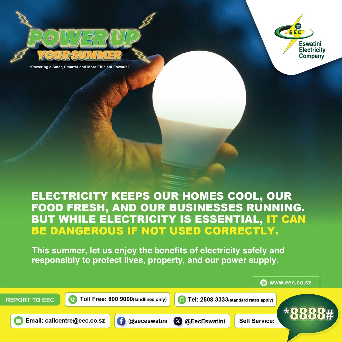 EecEswatini's tweet photo. This summer, let us make safety a priority by using electricity correctly, responsibly, and efficiently.
🔌 Stay alert
💡 Use power wisely
🚨 Report any faults to EEC
#PowerUpYourSummer #EnergyForTheFuture https://t.co/ST3UGjATDa