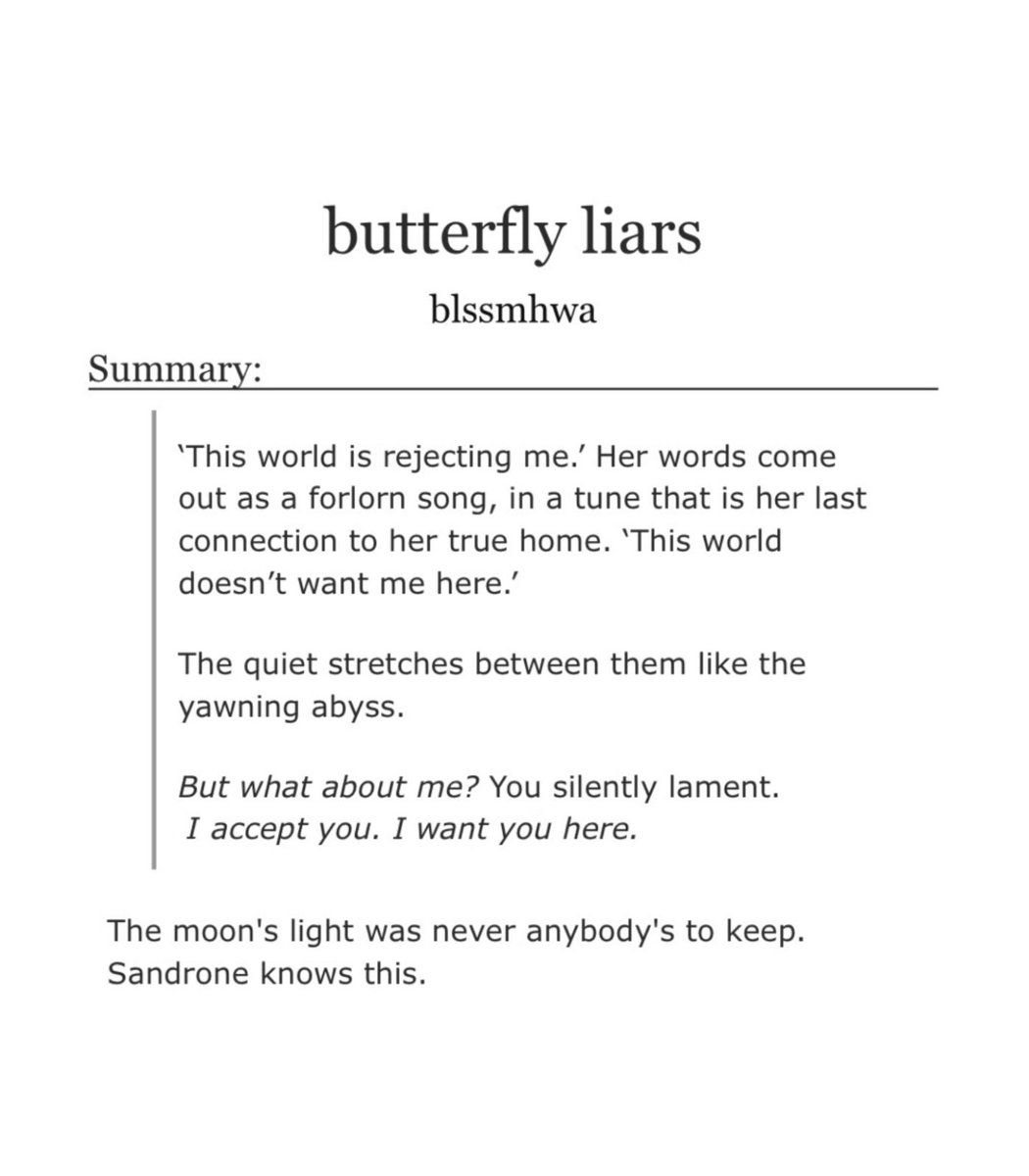 blssmtaru's tweet image. butterfly liars

• teen | 1.8k words | #sandbina 🕊️⚙️
• pre-6.0; second person pov, character study

tfw your situationship leaves you for the moon.

🔗⬇️