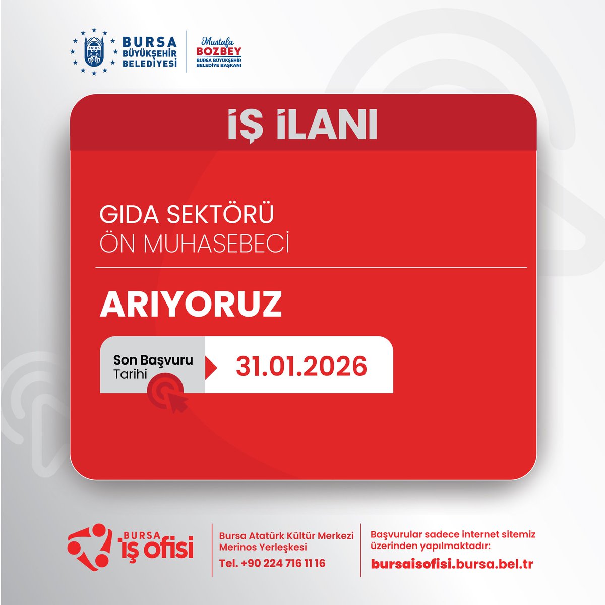Gıda Sektörü, Ön Muhasebeci pozisyonunda görev almak üzere ekip arkadaşları arıyoruz.

✅ Çalışma Şekli: Tam Zamanlı
✅ Son Başvuru Tarihi:31.01.2026

Detaylı bilgi ve başvuru için bursaisofisi.bursa.bel.tr adresini ziyaret edebilirsiniz.