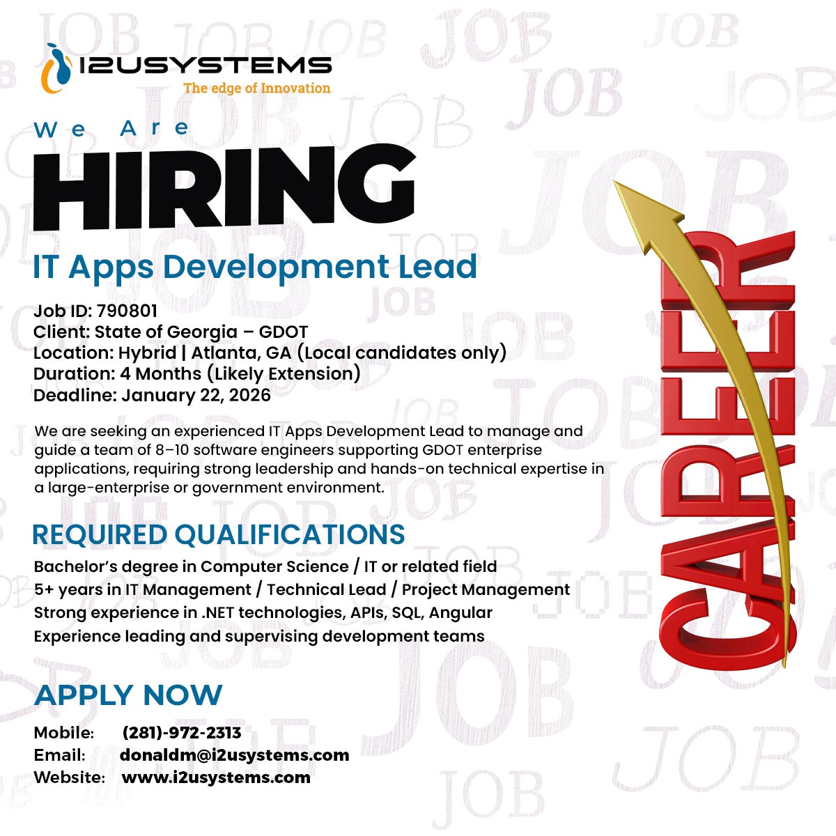 I2uSystems's tweet photo. We Are Hiring | IT Apps Development Lead
📍 Location: Hybrid – Atlanta, GA (Local candidates only)
🆔 Job ID: 790801
⏳ Duration: 4 Months (Likely Extension)
🗓 Deadline: January 22, 2026

📩 Apply Now
📞 (281) 972-2313
📧 donaldm@i2usystems.com
🌐 https://t.co/7k81AgpOJt https://t.co/V8fM1sN4ls