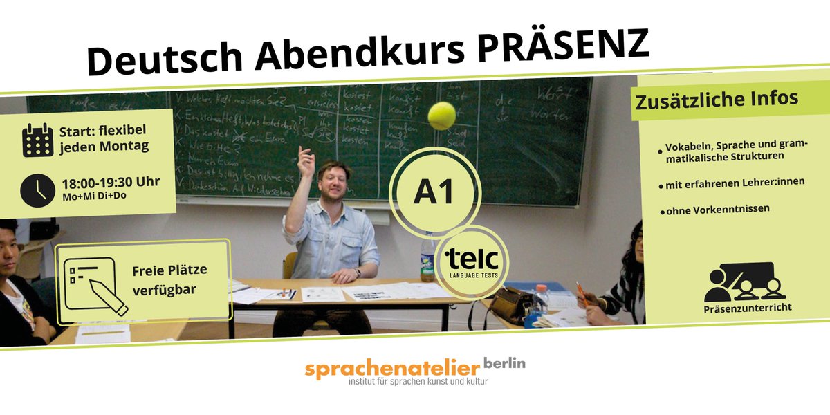 Is learning a new language one of your goals for 2026? And is that language German? Then our A1.1 evening course is perfect for you!

Sign up here:
sprachenatelier-berlin.de/de/topic/3611.…

#sprachenatelier #deutschlernen #learngerman #deutschsprachkurs #germancourse