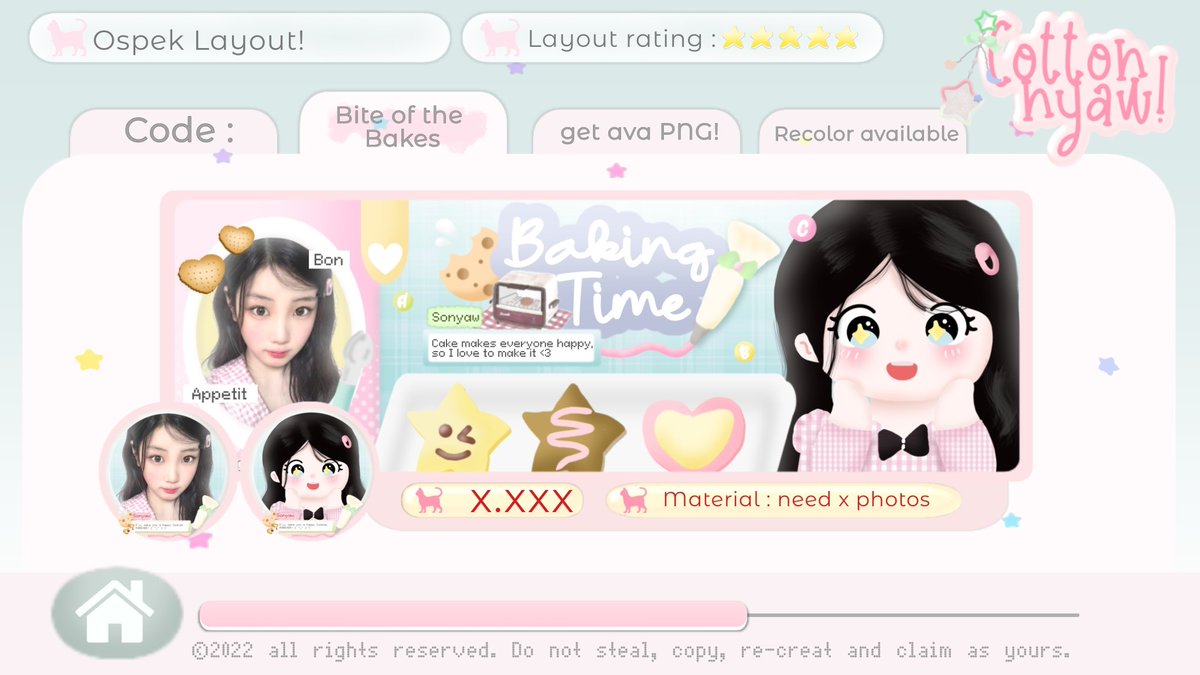 cottonnyaw's tweet image. halo semuanya! tolong bantu repost &amp;amp; ospeknya ♡

kenalan sama katalog layout baruku yuuuk, namanya “ Bite of the Bakes” 🍪💓 semisal ada kesamaan dengan BA lain dan kurang aman tegur baik-baik lewat DM yaa, thanks in advance! ⭐___⭐ #zonauang #zonajajan