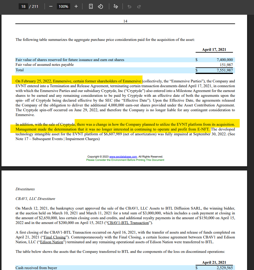 Official_MrRic's tweet photo. $BBIG One of the most informative 10Q's ever put out by Vinco Ventures. The trail of deceptive crumbs is much in detail and alot of shuffling and selling of assets during the upcoming $TYDE launch... #JailLisaKing 

🔵 Emmersive ENT ~ ENFT 
In addition, with the sale of Cryptyde, there was a change in how the Company planned to utilize the EVNT platform from its acquisition. Management made the determination that it was no longer interested in continuing to operate and profit from E-NFT. The developed technology intangible asset for the EVNT platform of $6,607,989 (net of amortization) was fully impaired at September 30, 2022. #BBIG 
LINK ~ https://t.co/HcaaeDBcqa