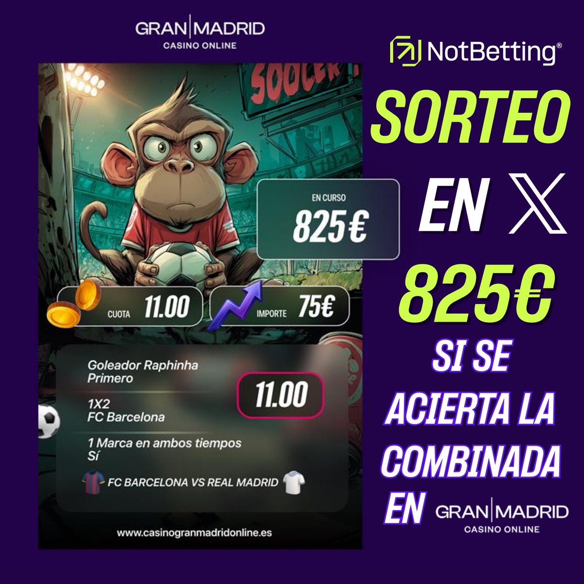 NotBettingX's tweet image. ⚽🔥 ¡SORTEO DE 825€! 🔥⚽

Gracias a Gran Madrid lanzamos un SORTEO ÉPICO💰
👉 Si nuestra combinada se acierta, el ganador se lleva 825€ DIRECTOS AL BOLSILLO 💸

Solo tienes que:
1️⃣ Seguir a 👉 @GranMadridES

2️⃣ Dar RT + ❤️ Me Gusta a este tweet

⚡ Dos pasos sencillos, un…