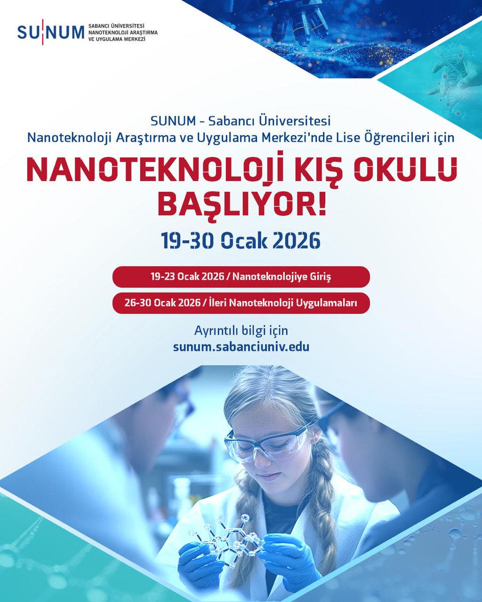 SUNUM - Sabancı Üniversitesi Nanoteknoloji Araştırma ve Uygulama Merkezi, 19-30 Ocak 2026 tarihlerinde lise öğrencileri için Nanoteknoloji Kış Okulu düzenliyor. Çevrimiçi yapılacak olan dersler birer haftalık, iki farklı programdan oluşuyor. 

Dersler, nanoteknoloji alanında