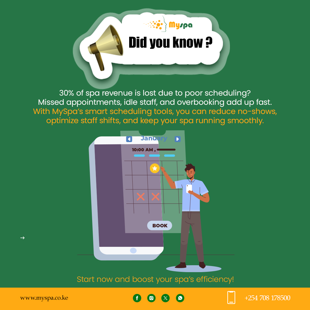 MySpa_Ke's tweet photo. Stop losing revenue to poor scheduling! With MySpa’s smart tools, reduce no-shows and optimize staff shifts effortlessly. Keep your spa running at full speed. Start today!
 
Call us: +254708178500 
Visit: https://t.co/M0JkjdbQ6L
 
#SmartScheduling #SpaEfficiency #MySpa https://t.co/SWiTyvpZDk