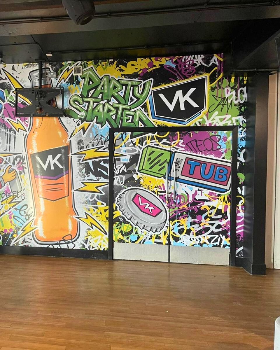 ColourStudiosUK's tweet photo. From the bar to the walls 🍹

 We designed and installed a VK inspired wall vinyl for TUB at the University of Bath Students Union - turning an iconic student drink into a statement feature for the club.

#ColourStudios https://t.co/SH6XEPzd6k