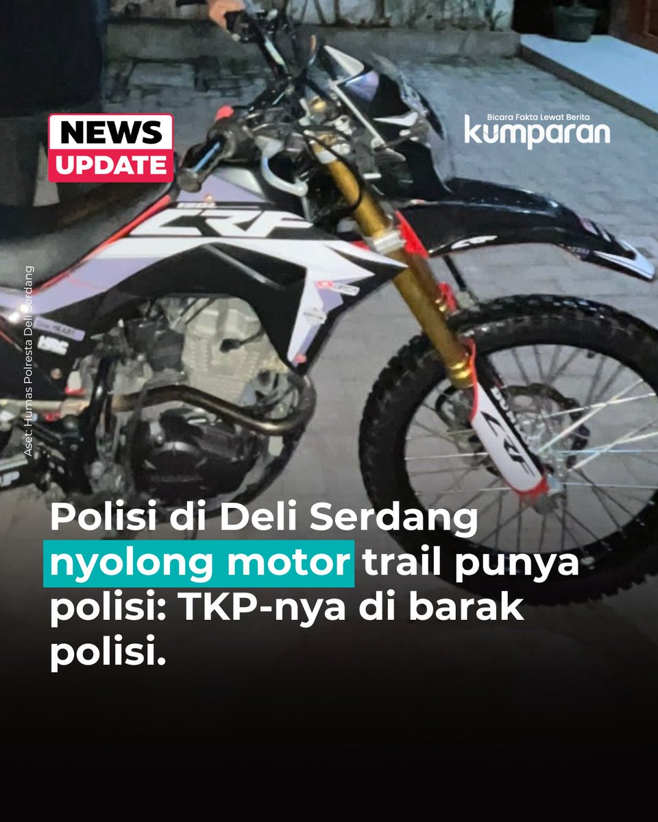 kumparan's tweet image. Seorang personel kepolisian di Deli Serdang berinisial FE mencuri sepeda motor milik sesama anggota polisi, Alfreezy Angga Sembiring (22). Pencurian terjadi saat korban memarkirkan sepeda motor trail Honda CRF di Barak Lajang Polresta Deli Serdang, Rabu (31/12), sebelum pergi ke…