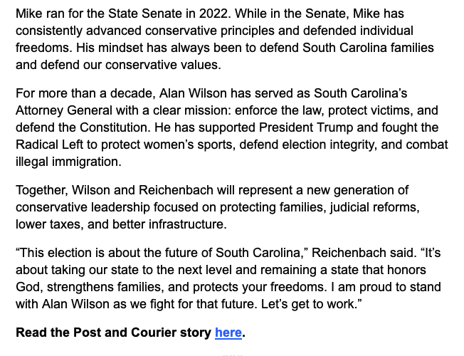 BREAKING: State Senator <a href="/MikeForSC/">Mike Reichenbach</a> is joining our ticket as our Lieutenant Governor candidate.

Mike’s life story is one of faith, resilience, and hard work. From being chosen for life, to building a business during the Great Recession, to standing up for conservative values in