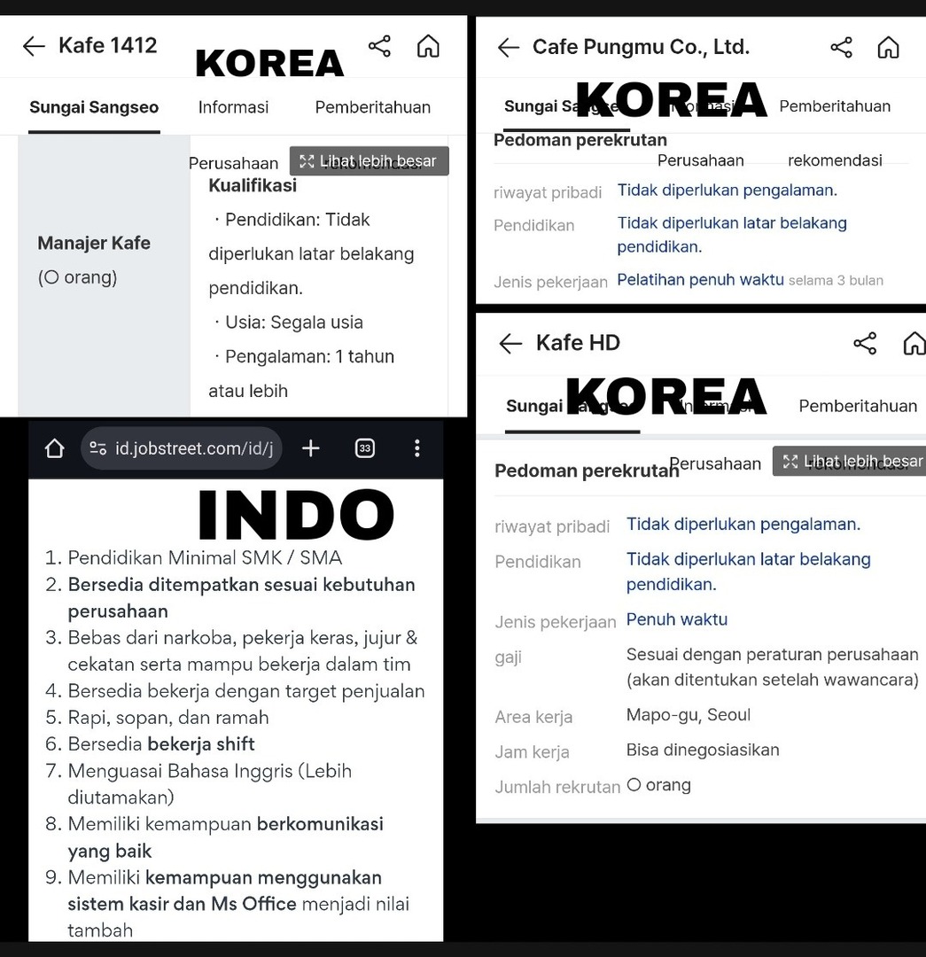 jogja_base's tweet image. PERBANDINGAN KUALIFIKASI LOWONGAN PEKERJAAN DI CAFE KOREA SELATAN VS INDO LUR, nangis banget liatnya 😭😭😭