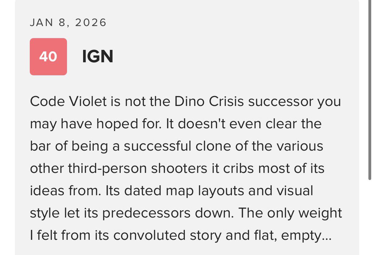 NextGenPlayer's tweet image. Code Violet reviews are out

IGN - 4/10
Push Square - 4/10

“Code Violet is a bad game” - IGN
“Code Violet is a mess” - Push Square

This is the first PS5 exclusive for 2026