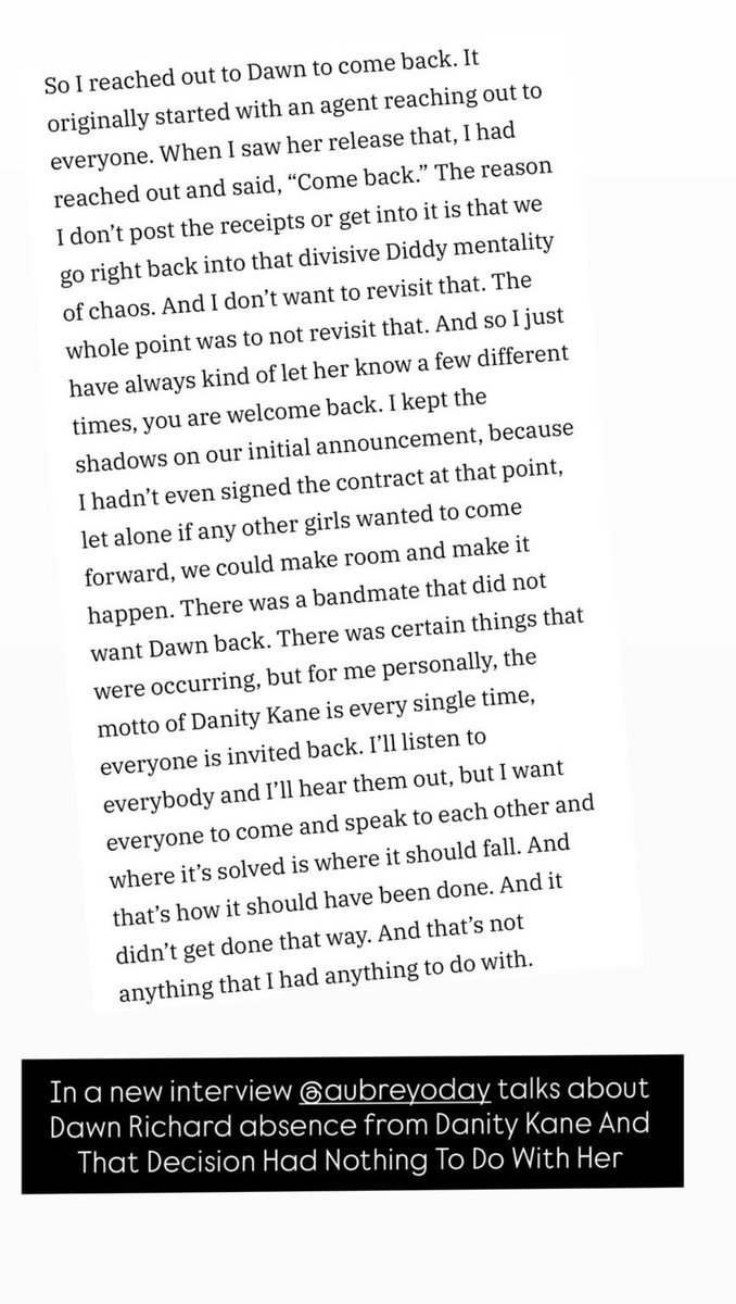 Bringitheaux's tweet image. Aubrey interviewed D Woods back in June and agreed that she wouldn’t want to tour w/ Dawn again. However, once Dawn tweeted that she wasn’t told about Danity Kane’s reunion Aubrey said she told Dawn 2 come back. She’s messy and in the middle of all of the drama.