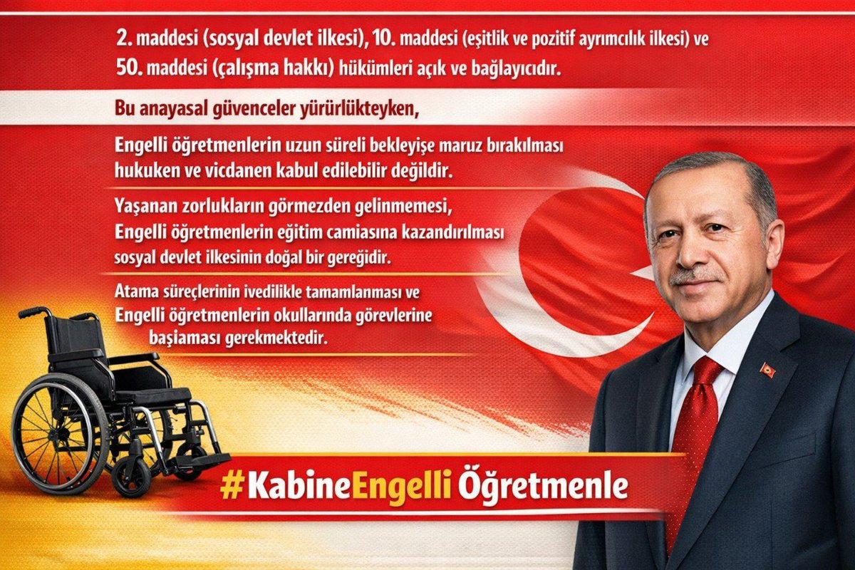 Sayın Bakanlarımızın çözüm odaklı yaklaşımı Engelli Öğretmenler için umut kaynağıdır.
<a href="/RTErdogan/">Recep Tayyip Erdoğan</a> <a href="/Yusuf__Tekin/">Yusuf Tekin</a> <a href="/memetsimsek/">Mehmet Simsek</a>
#MaliyeEngelliÖğretmeneKadro #YusufTekinEngelliÖğretmenlerle