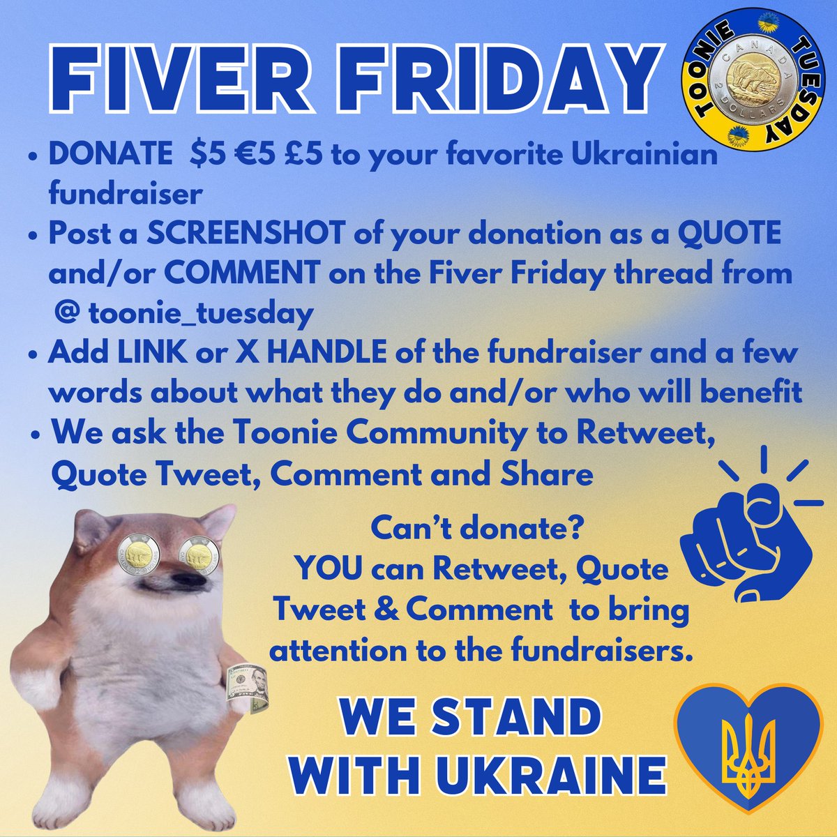 toonie_tuesday's tweet image. 💙💛It’s Fiver Friday  - Leaders Talk, We Do!

Show Ukraine and the world we have their Five!   We have seen how big or little donations, and your actions make a huge difference.  Let’s keep it going!! Let’s show the world we Stand with Ukraine!

Today you can help close