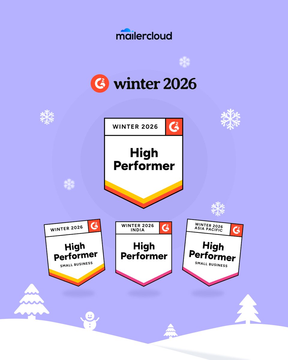 mailercloud's tweet image. We’re proud to announce that Mailercloud has been recognized as a High Performer in Winter 2026 by G2! This recognition reflects our commitment to delivering top-tier email marketing solutions to small businesses and beyond. Thank you to our amazing users for helping us😍🥳
