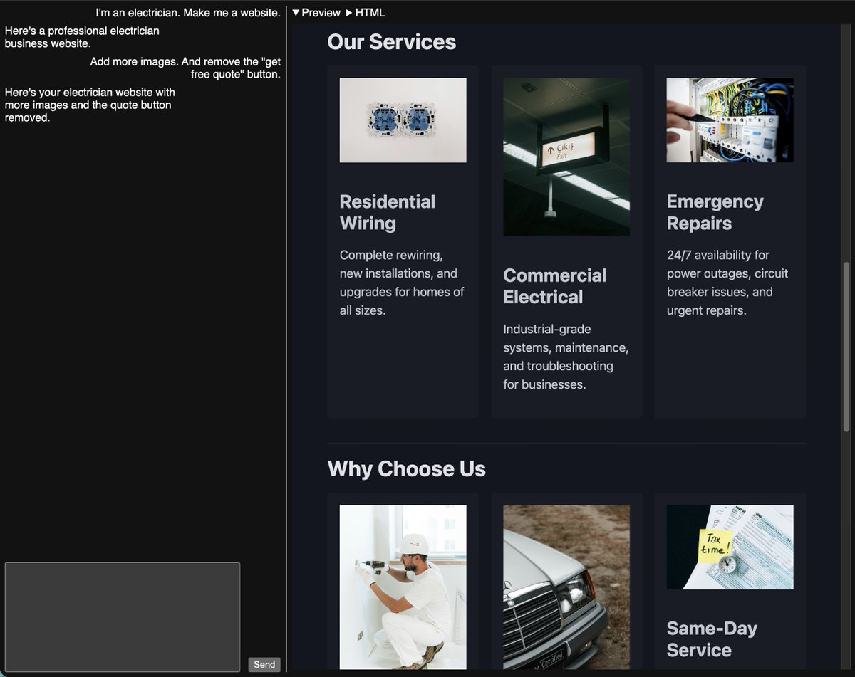 I tried all the AI website builders and none of them did what I want so now I'm building my own.

Just added stock photos - the AI will search unsplash for appropriate photos and include them automatically.