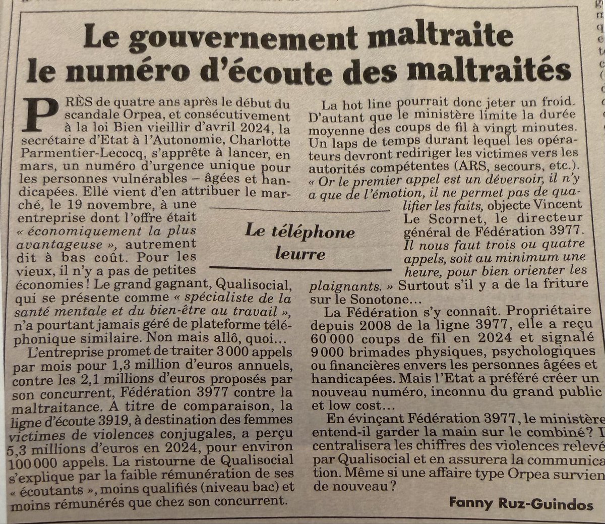 Après le 3919 (violences faites aux femmes) en 2020, voilà que resurgit un pataquès sur le 3977 (maltraitance aux personnes âgées et personnes en situation de handicap). 
Le 3977 est un dispositif d’intérêt général qui ne doit pas être soumis à une logique concurrentielle. Dans