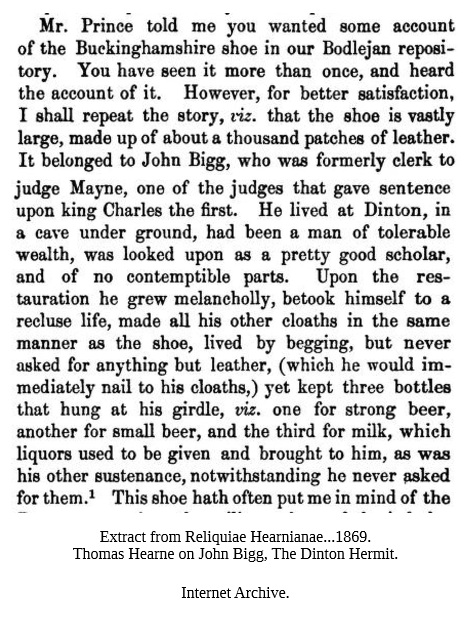 SueCooperBridge's tweet image. #HistoryNotes📜
Here’s a character I’d not heard of. #JohnBigg (1629-1696) a.k.a The Dinton Hermit of Bucks. His great boots of tacked on leather are displayed at the #Ashmolean. A former Clerk to #JudgeMayne, executed for regicide in 1661, caused Bigg to flee &amp;amp; live in a cave.